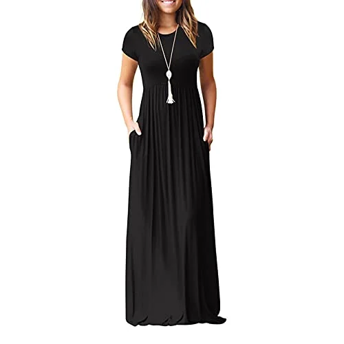 TIMEMEAN Maxi Dresses for Women Casual Short Sleeve Long Dresses with Pockets Denim maxi dresses