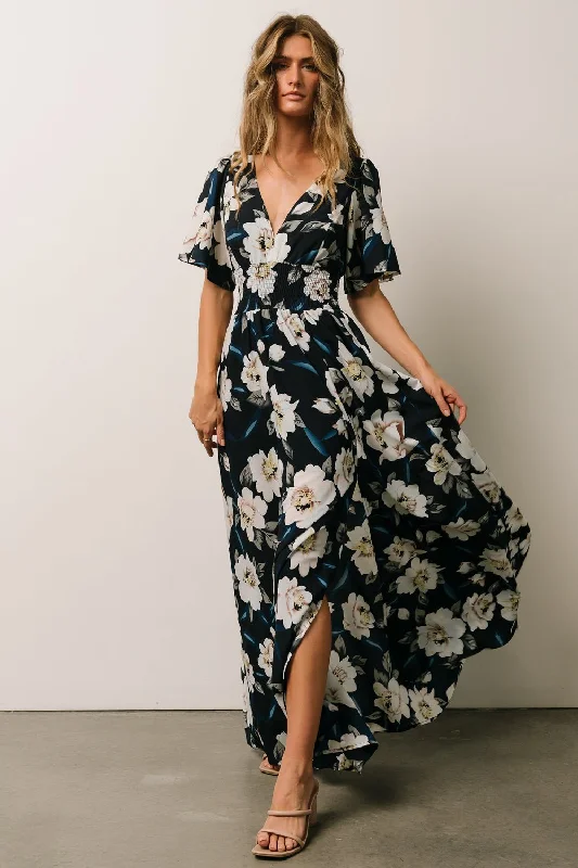 Verona Smocked Maxi Dress | Navy + White Floral Comfortable maxi dresses for everyday wear Verona Smocked Maxi Dress | Navy + White Floral Comfortable maxi dresses for everyday wear