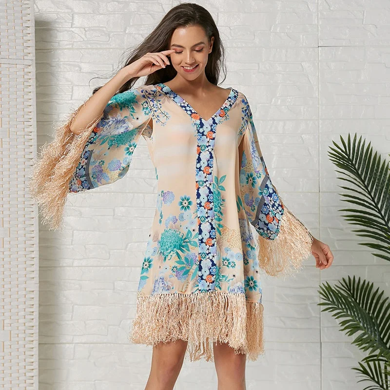 KittenAlarm - Long Sleeve Floral Print V Neck Tassel Bohemian Belt Waist Midi Dresses Sequin midi dresses KittenAlarm - Long Sleeve Floral Print V Neck Tassel Bohemian Belt Waist Midi Dresses Sequin midi dresses