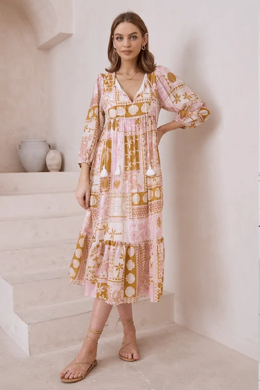 Boho Colette Midi Dress - Patchwork Beige Best midi dresses for curvy figures