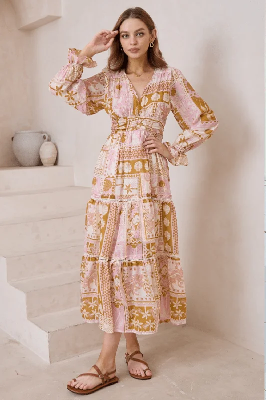 Colette Long Sleeve Midi Dress - Patchwork Beige Best midi dresses for formal events