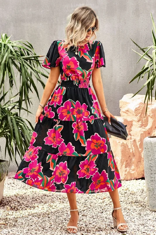 Floral Puff Sleeve Tiered Midi Dress Y2K midi dresses