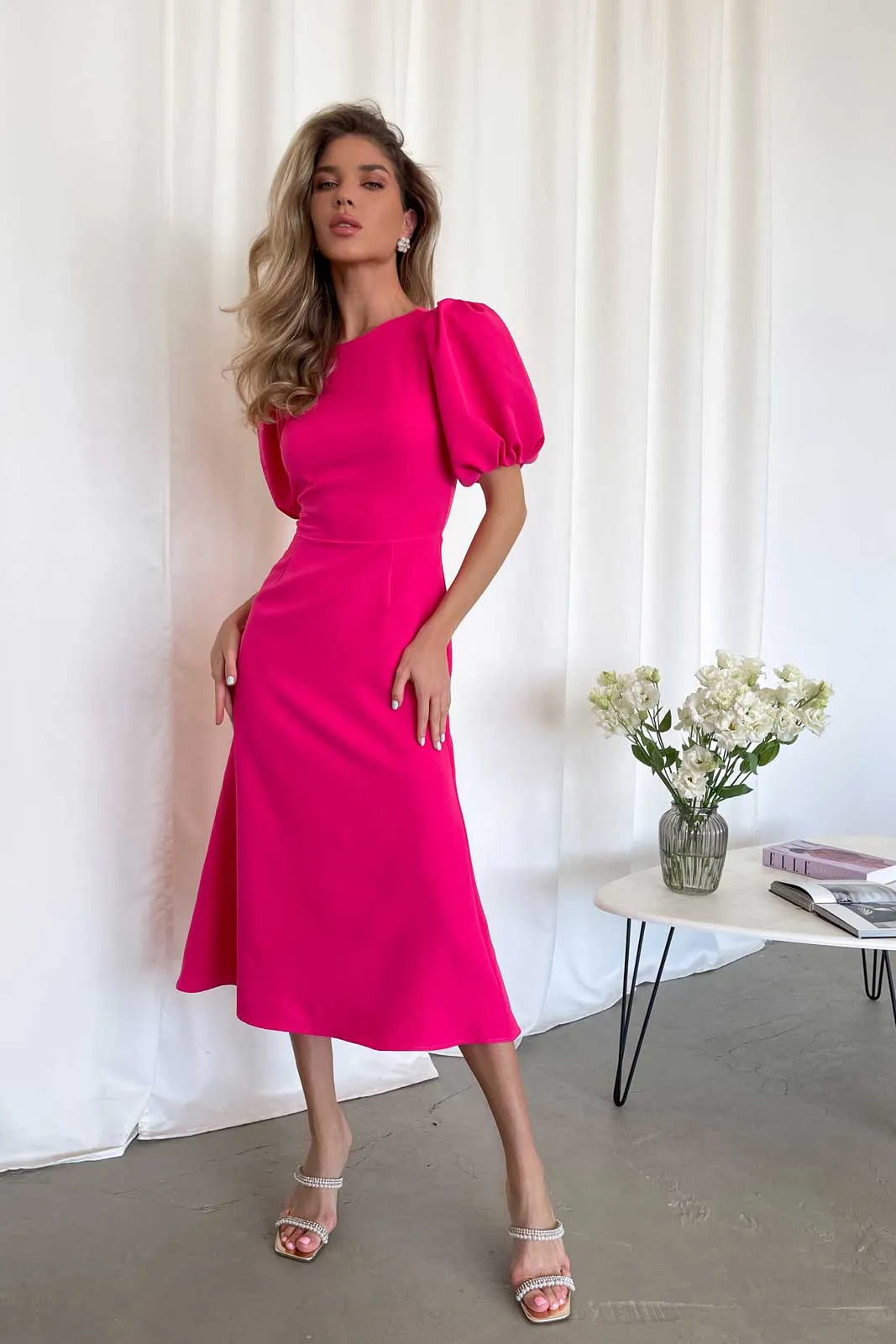 Godet Silhouette Puff Sleeve Midi Dress Fashion-forward midi dresses