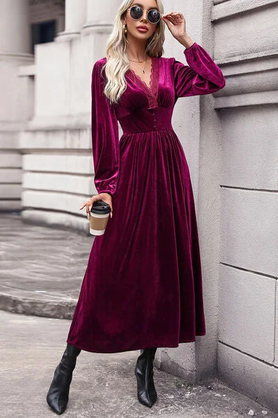 Lace Detail V-Neck Balloon Sleeve Midi Dress Tiered midi dresses
