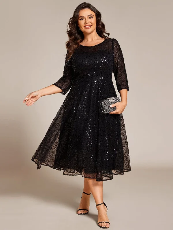 Elise | Plus Size 3/4 Sleeve Midi Round Neck A-Line Sequin Wedding Guest Dress Wedding guest midi dresses Elise | Plus Size 3/4 Sleeve Midi Round Neck A-Line Sequin Wedding Guest Dress Wedding guest midi dresses