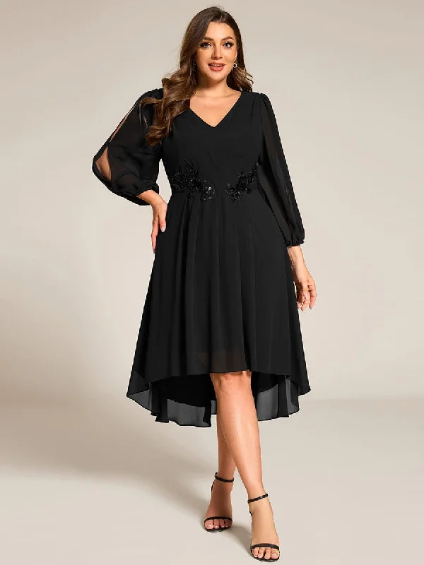 Plus Size Flowy Long Sleeves V-Neck Waist Applique Midi Chiffon Wedding Guest Dress Knitted midi dresses Plus Size Flowy Long Sleeves V-Neck Waist Applique Midi Chiffon Wedding Guest Dress Knitted midi dresses