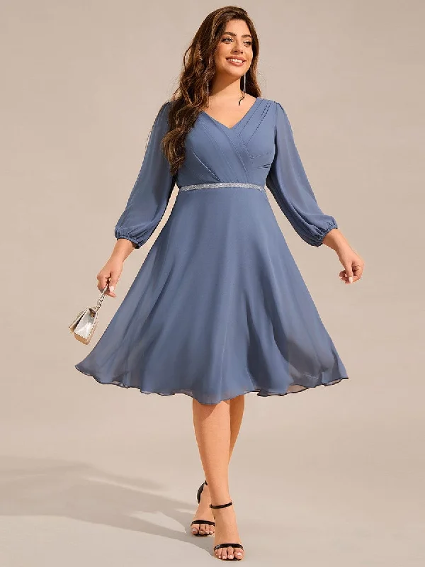 Plus Size Long Sleeve Midi A-Line Wedding Guest Dress with Waist Chain Cocktail midi dresses Plus Size Long Sleeve Midi A-Line Wedding Guest Dress with Waist Chain Cocktail midi dresses