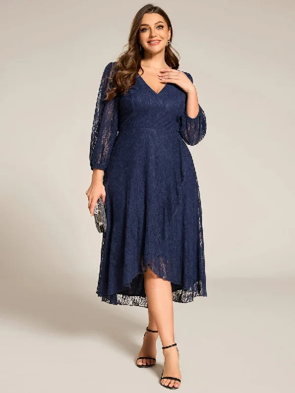 Irene | Plus Size Midi Long Lantern Sleeves V-Neck Lace Wedding Guest Dress Chiffon midi dresses Irene | Plus Size Midi Long Lantern Sleeves V-Neck Lace Wedding Guest Dress Chiffon midi dresses