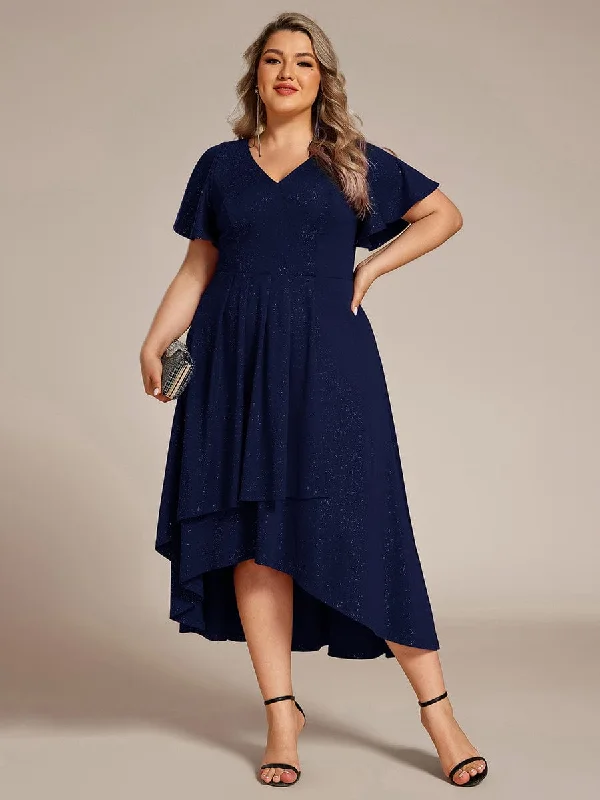 Plus Size Ruffled Sleeves Glitery V-Neck Midi Wedding Guest Dress Velvet midi dresses Plus Size Ruffled Sleeves Glitery V-Neck Midi Wedding Guest Dress Velvet midi dresses