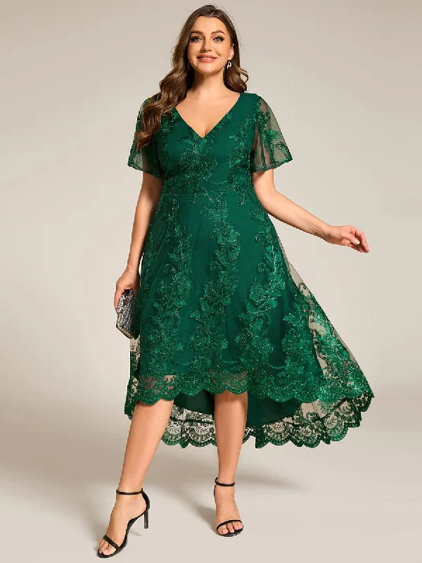 Plus Size Short Sleeves Embroidered Mesh A-Line V-Neck Midi Wedding Guest Dress Leather midi dresses Plus Size Short Sleeves Embroidered Mesh A-Line V-Neck Midi Wedding Guest Dress Leather midi dresses