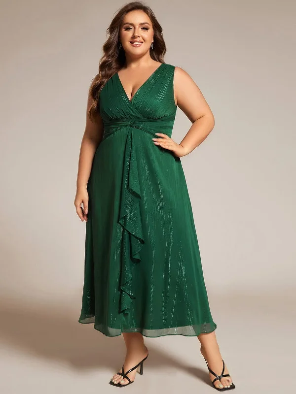 Plus Size Sleeveless Glittery Ruffled V-Neck Midi Wedding Guest Dress Denim midi dresses