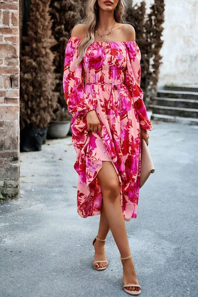 Printed Balloon Sleeve Midi Dress Boohoo midi dresses