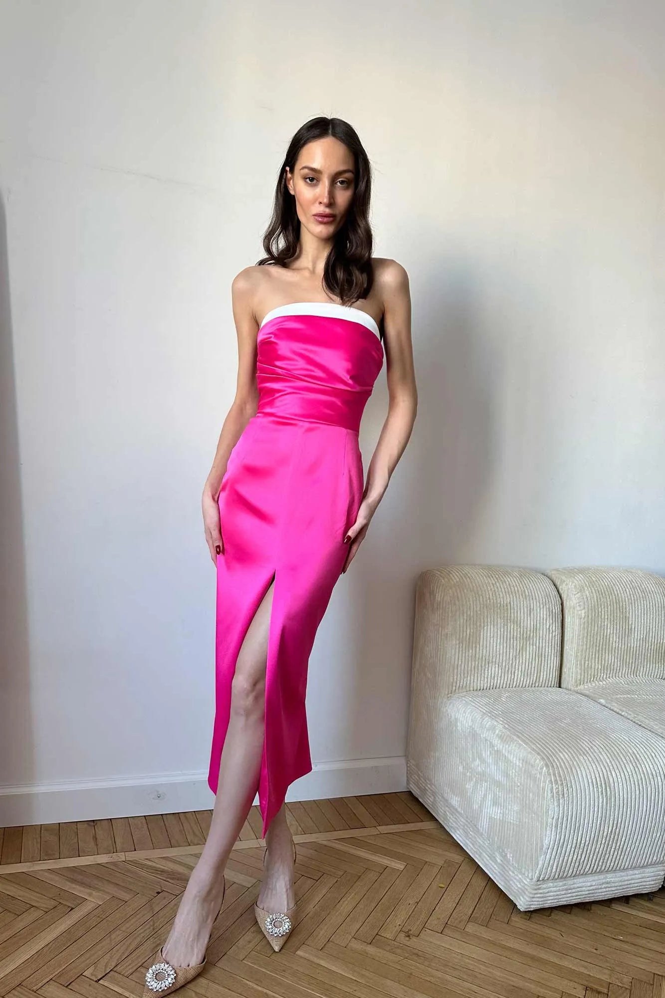 Satin Midi Dress with Contrast Turn-up Satin midi dresses