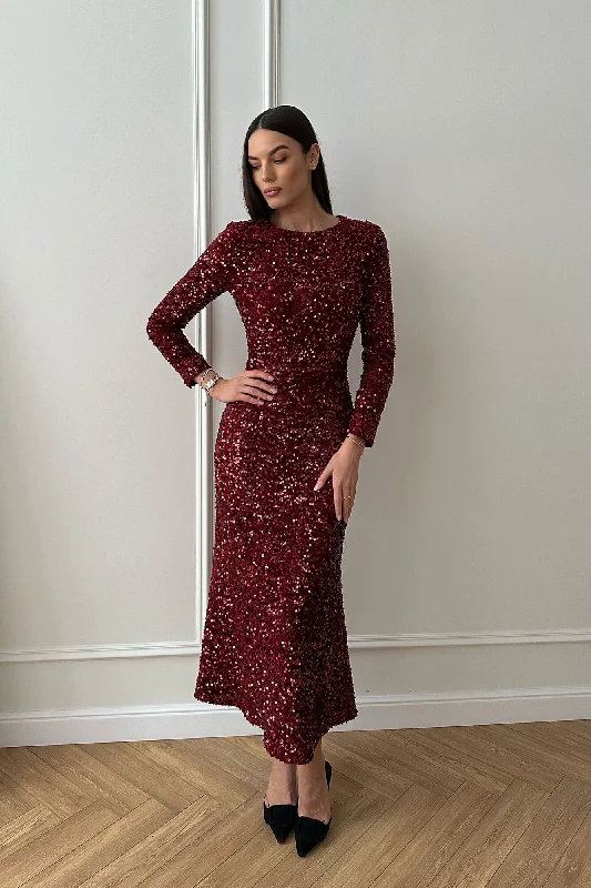 Sequin Decorated Velvet Long Sleeve Midi Dress Prom midi dresses