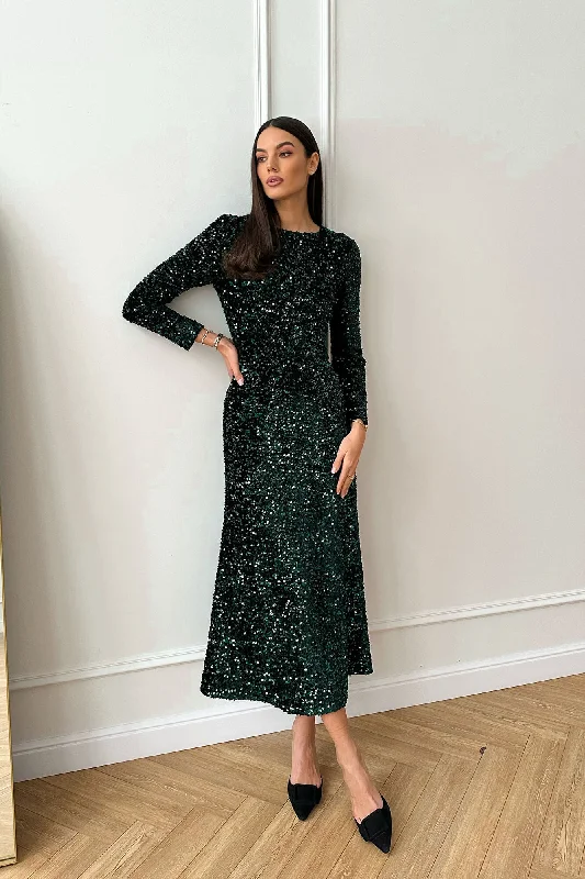 Sequin Decorated Velvet Long Sleeve Midi Dress Affordable midi dresses