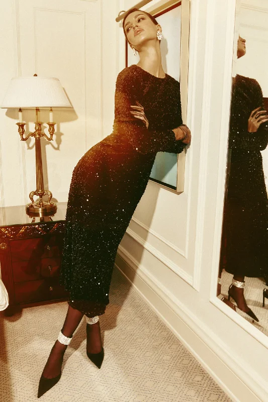 Sequin Decorated Velvet Long Sleeve Midi Dress Birthday midi dresses