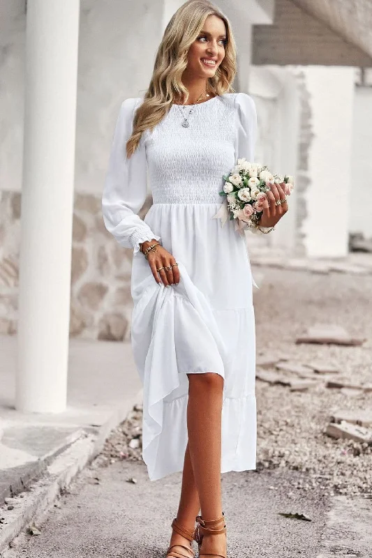 Smocked Round Neck Flounce Sleeve Midi Dress Urban Outfitters midi dresses