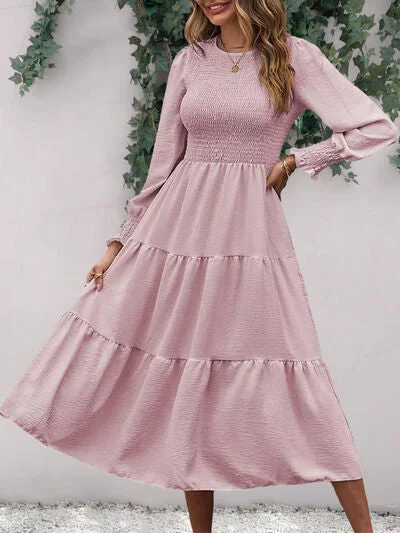 Smocked Round Neck Long Sleeve Midi Dress Wrap midi dresses