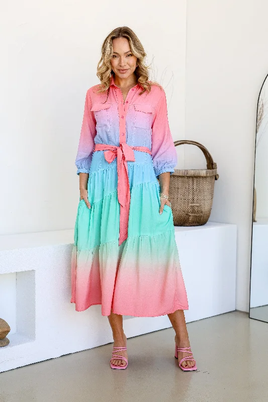 Star Burst Ombre Shirt Midi Dress - Pink/Blue/Green Budget-friendly midi dresses