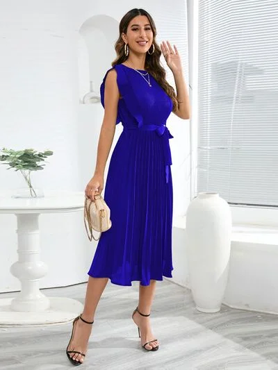 Tied Round Neck Pleated Midi Dress Smocked midi dresses