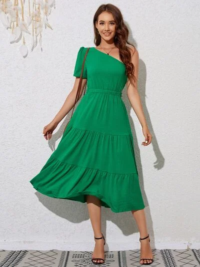 Tied Single Shoulder Midi Dress Stretchy midi dresses