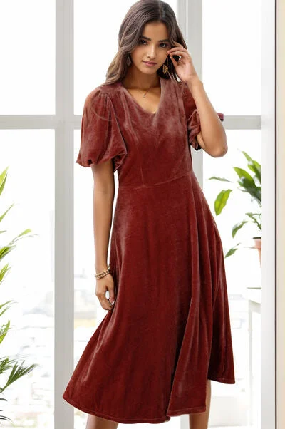 V-Neck Balloon Sleeve Midi Dress Halter midi dresses