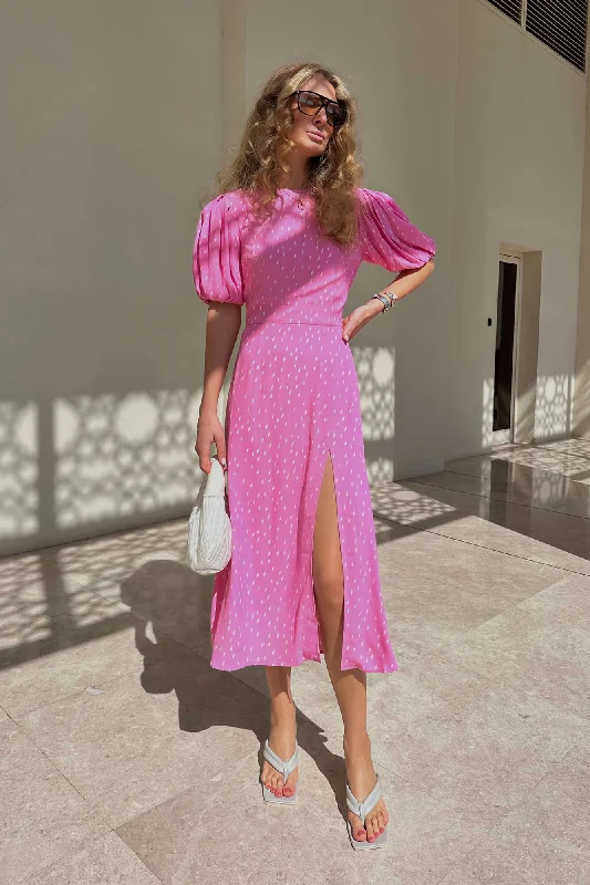Viscose Puff Sleeve Slit Midi Dress Elegant midi dresses