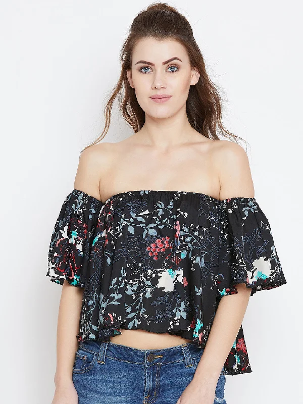Berrylush Women Black & Multicoloured Floral Printed Off-Shoulder Neck Ruffled Crop Bardot Top Floral dresses under $50 Berrylush Women Black & Multicoloured Floral Printed Off-Shoulder Neck Ruffled Crop Bardot Top Floral dresses under $50