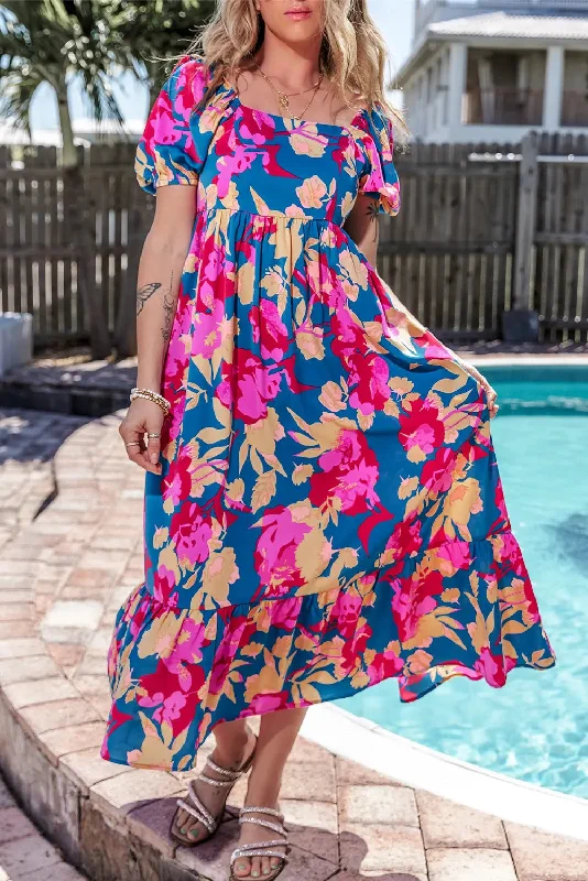 Blue Zone Planet | Dark Blue Square Neck Bubble Sleeve Ruffled Floral Dress Petite floral dresses Blue Zone Planet | Dark Blue Square Neck Bubble Sleeve Ruffled Floral Dress Petite floral dresses