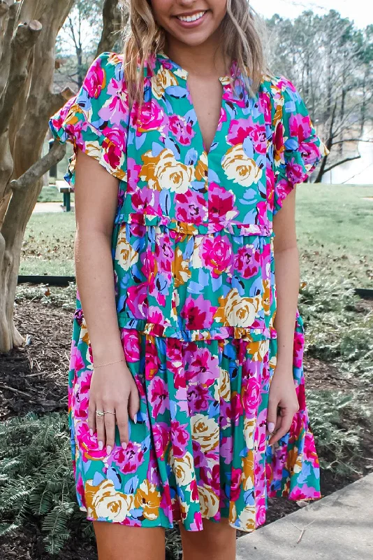Blue Zone Planet | Green Rose Floral Print Ruffled Short Dress Cute floral print summer dresses Blue Zone Planet | Green Rose Floral Print Ruffled Short Dress Cute floral print summer dresses