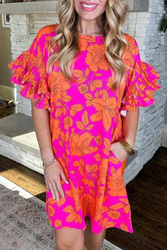 Pink Voluminous Ruffled Sleeve Floral Dress Plus size floral dresses