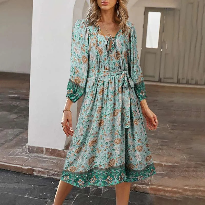 CHICDEAR Floral Print Lace Up Sundress Vintage 3/4 Sleeve Bandage Waist Summer Robe Bohemian Casual Women V-Neck Knee-Length Dress Formal floral dresses CHICDEAR Floral Print Lace Up Sundress Vintage 3/4 Sleeve Bandage Waist Summer Robe Bohemian Casual Women V-Neck Knee-Length Dress Formal floral dresses
