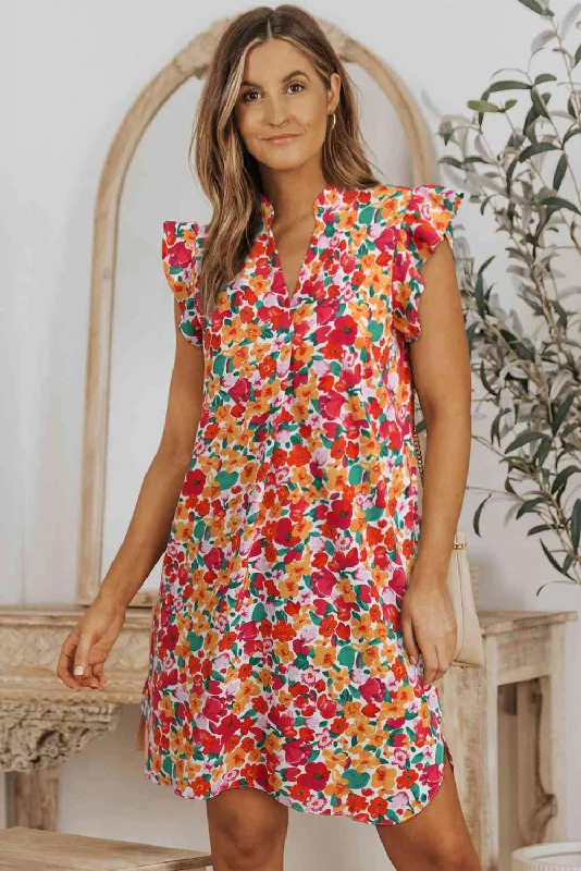Floral Notched Neck Ruffled Dress Linen floral dresses