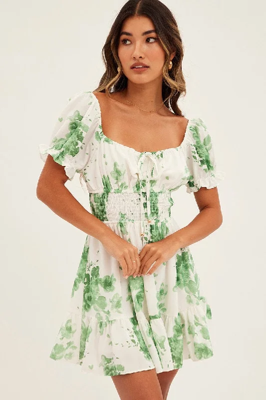 Floral Print Shirred Waist Skater Dress Boho floral dresses