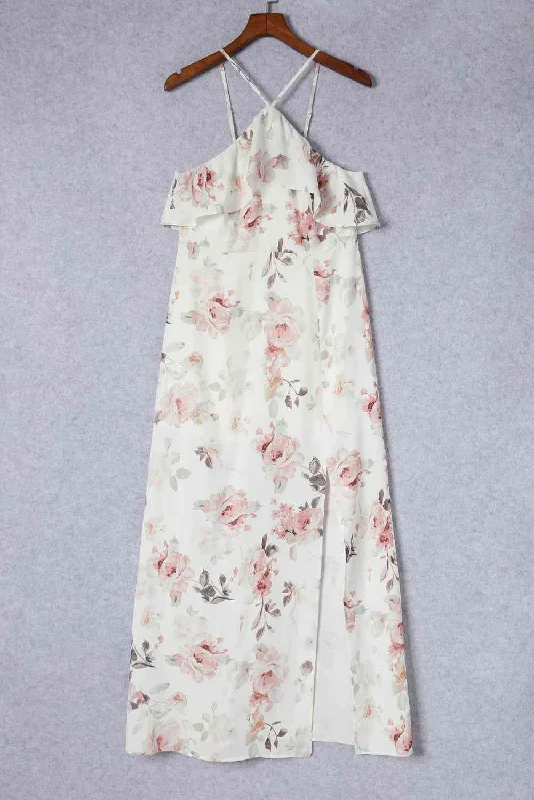 Floral Ruffled Slit Sleeveless Dress Lace floral dresses