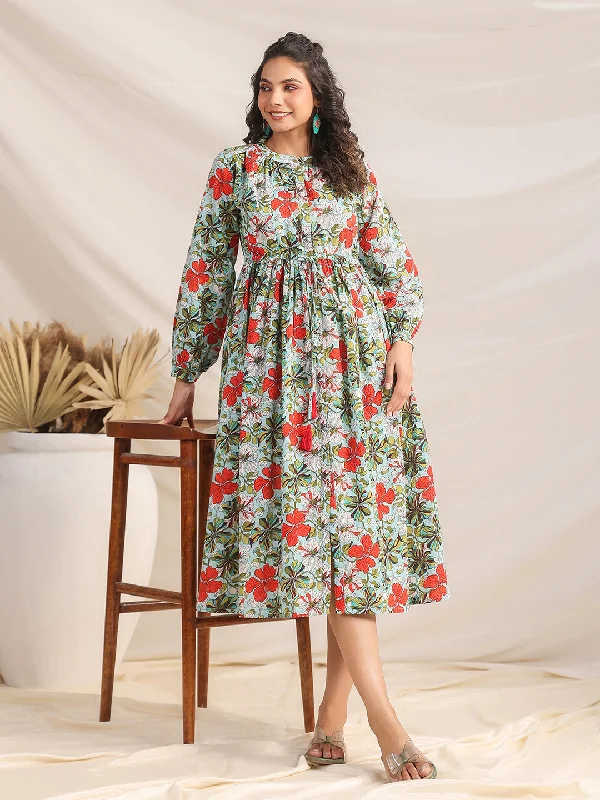 Blue Cambric Floral Print Pleated Dress Designer floral dresses