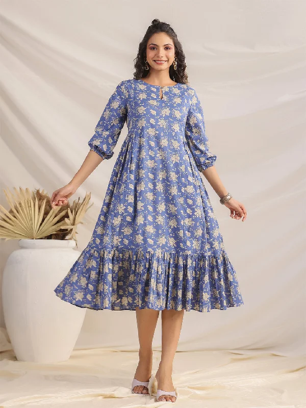 Blue Cotton Floral Printed Dress Garden party floral dresses
