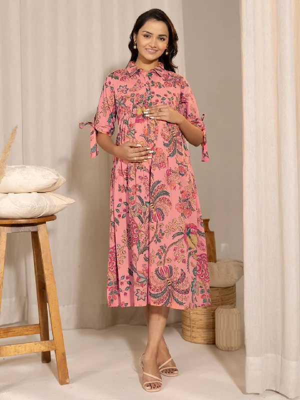 Peach Cotton Floral Printed Gathered Dress High-end floral dresses