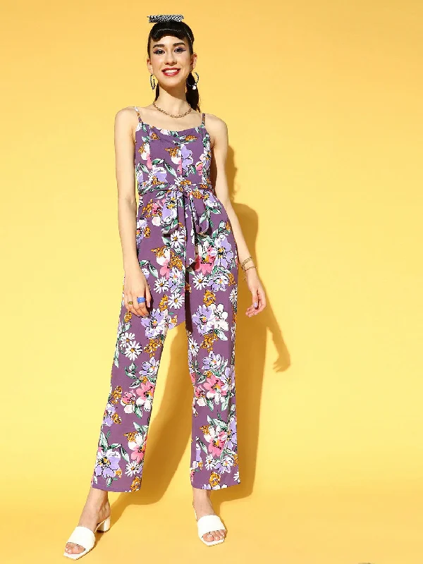Berrylush Women Purple & Pink Floral Printed V-Neck Waist Tie-Up Style Back Basic Jumpsuit Revolve floral dresses Berrylush Women Purple & Pink Floral Printed V-Neck Waist Tie-Up Style Back Basic Jumpsuit Revolve floral dresses