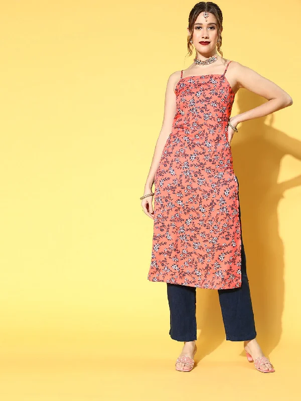Berrylush Women Peach & Navy Blue Floral Printed Square Neck Side Slited Straight Calf Length Kurta Urban Outfitters floral dresses Berrylush Women Peach & Navy Blue Floral Printed Square Neck Side Slited Straight Calf Length Kurta Urban Outfitters floral dresses