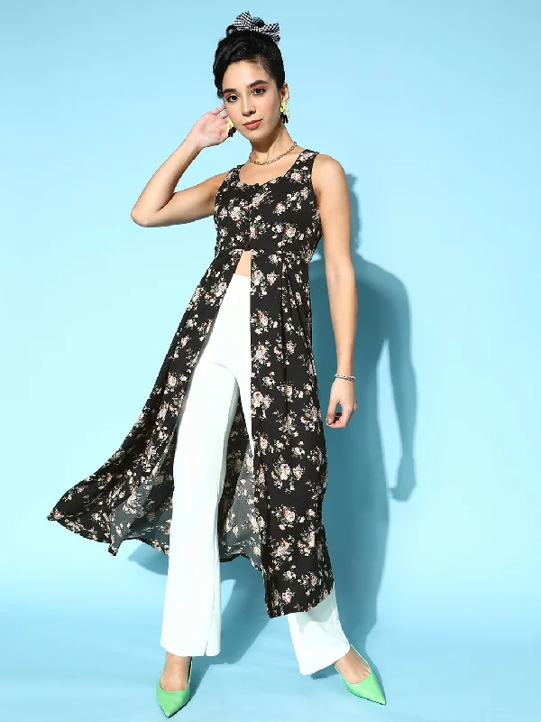 Berrylush Women Black & White Floral Printed Round Neck Front Slit Flared A-Line Calf Length Kurta Zara floral dresses Berrylush Women Black & White Floral Printed Round Neck Front Slit Flared A-Line Calf Length Kurta Zara floral dresses