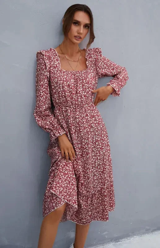 Blue Zone Planet | Ladies Square Neck Long Sleeve Ruffled Floral Dress Mini floral dresses Blue Zone Planet | Ladies Square Neck Long Sleeve Ruffled Floral Dress Mini floral dresses