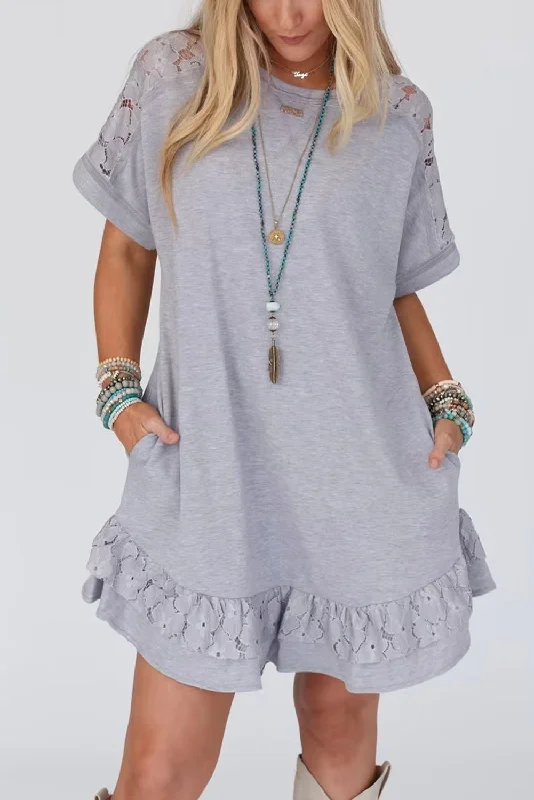 Blue Zone Planet | Light Grey Lace Floral Patchwork Ruffled T-shirt Dress Girls' floral dresses Blue Zone Planet | Light Grey Lace Floral Patchwork Ruffled T-shirt Dress Girls' floral dresses