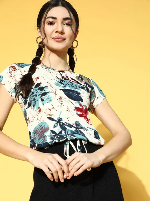 Berrylush Women Off-White & Teal Floral Printed Round Neck Tie-Up Waist Regular Top Discounted floral dresses Berrylush Women Off-White & Teal Floral Printed Round Neck Tie-Up Waist Regular Top Discounted floral dresses
