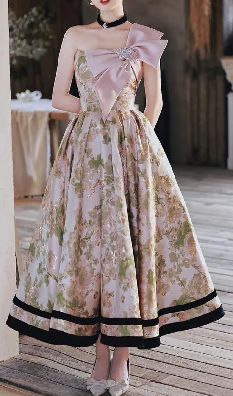 PINK BOW STRAPLESS FLORAL DRESS Retro floral dresses