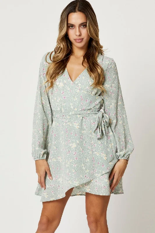 Print Long Sleeve Skater Floral Print Wrap Dress Vacation floral dresses