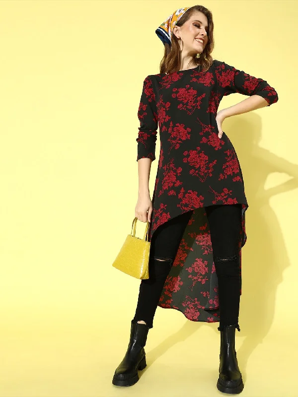 Berrylush Women Black & Red Floral Printed Asymmetric Tunic Ruffled floral dresses