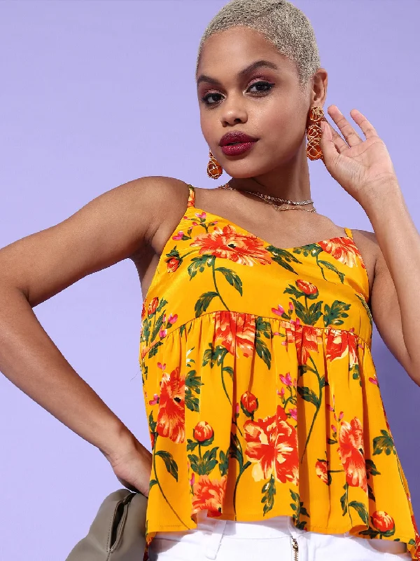 Berrylush Women Yellow Floral Printed Crepe Peplum Top Smocked floral dresses