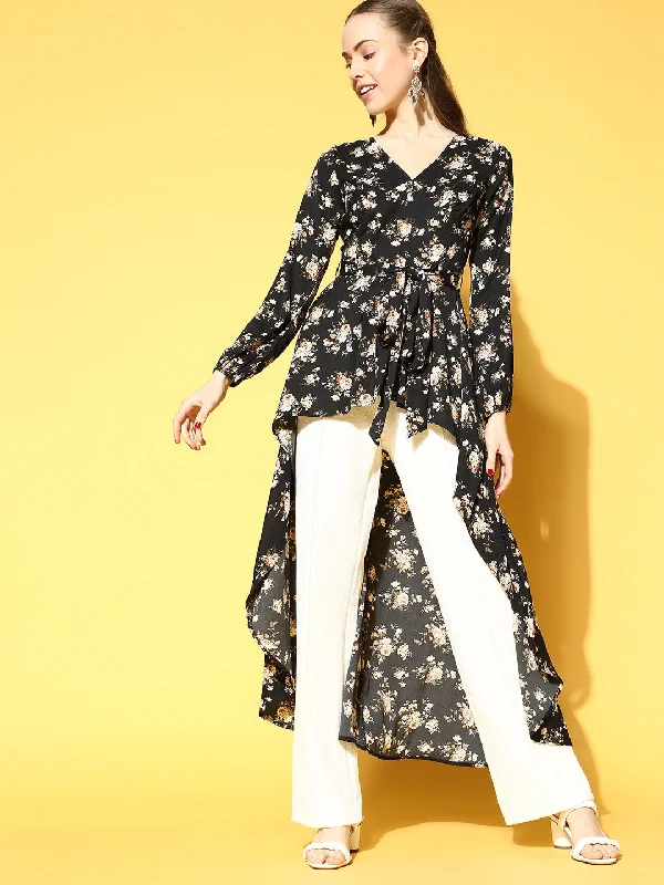 Berrylush Women Black & Peach Floral Printed V-Neck High-Low Longline Top Flowy floral dresses Berrylush Women Black & Peach Floral Printed V-Neck High-Low Longline Top Flowy floral dresses