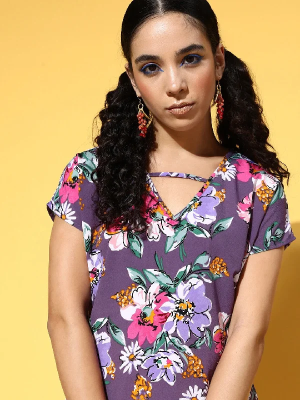 Berrylush Women Purple & White Floral Printed V-Neck Woven Crepe Regular Top Y2K floral dresses